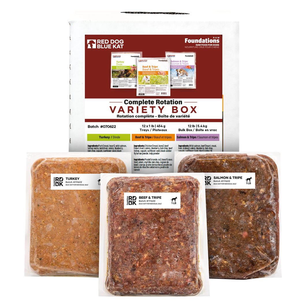 Foundations Variety Pack for Dogs - Bulk (12 x 1lb) Recipes: 4 x Turkey / 4 x Beef & Tripe / 4 x Salmon